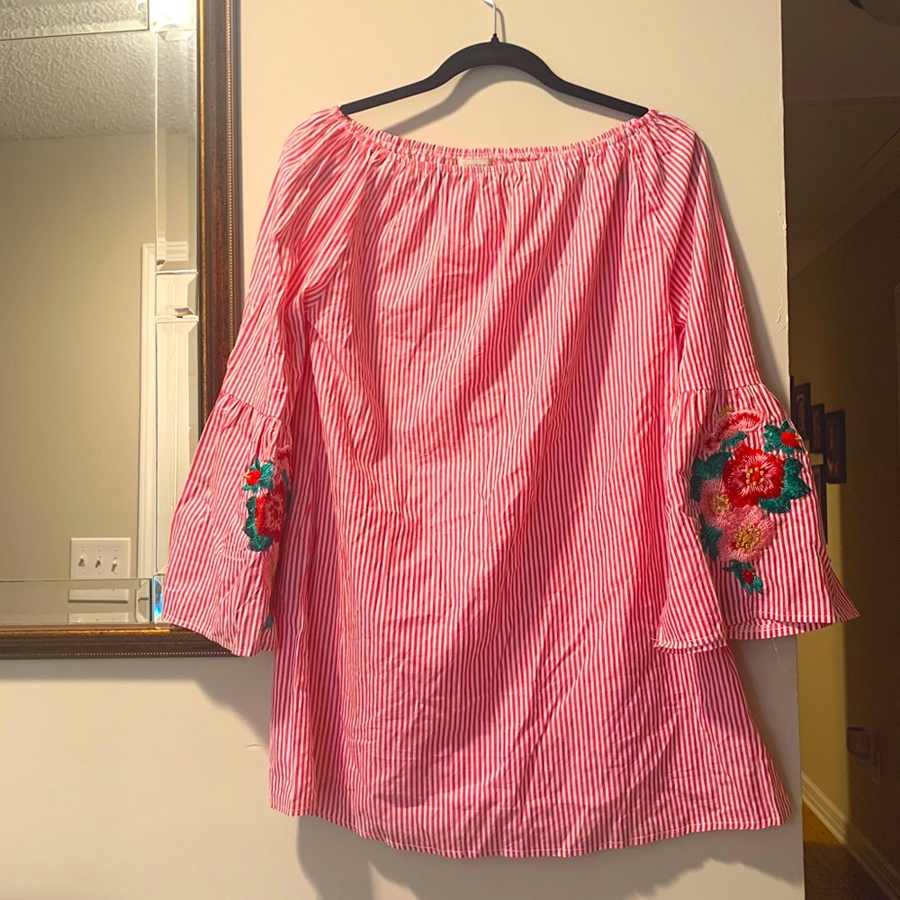 Off the shoulder pink and white dress